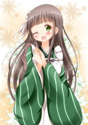 Rule 34 | 1girl, ;d, ama usa an uniform, apron, blunt bangs, blush, breasts, brown hair, closed eyes, commentary request, facing viewer, floral background, gochuumon wa usagi desu ka?, green eyes, green kimono, highres, interlocked fingers, japanese clothes, kimono, long hair, long sleeves, one eye closed, open mouth, own hands together, polka dot trim, small breasts, smile, solo, striped clothes, striped kimono, ujimatsu chiya, white apron, wide sleeves, xenon (for achieve)
