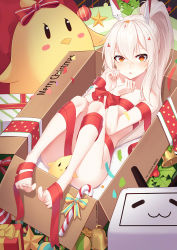 Rule 34 | 1girl, areola slip, ayanami (azur lane), azur lane, bdsm, bell, blonde hair, blush, bondage, bound, box, breasts, candy, candy cane, christmas, commentary request, food, full body, ge zhong kuaile, gift, hair between eyes, hands up, headgear, highres, in box, in container, knees up, legs up, long hair, looking at viewer, manjuu (azur lane), merry christmas, mistletoe, naked ribbon, open mouth, own hands together, ponytail, red eyes, red ribbon, restrained, ribbon, small breasts, solo, star (symbol)