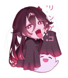 Rule 34 | 1girl, artist name, black shirt, chinese clothes, commentary, english commentary, flower-shaped pupils, genshin impact, ghost, hair between eyes, highres, hu tao (genshin impact), long hair, looking at viewer, multicolored hair, open mouth, red eyes, red hair, ringeko-chan, shirt, sidelocks, sleeves past fingers, sleeves past wrists, solo, streaked hair, symbol-shaped pupils, teeth, tongue, tongue out, upper teeth only, white background, yellow pupils