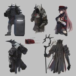 Rule 34 | 1girl, 4others, absurdres, ambiguous gender, arknights, armor, beret, black dress, black gloves, bomb suit, breastplate, carrying over shoulder, character request, cropped legs, dress, face in shadow, full armor, gloves, grey background, hat, helmet, highres, holding, holding staff, holding sword, holding weapon, hood, hood up, jacket, kusami toka naku au, long hair, military uniform, monster, multiple others, pauldrons, pink hair, red hat, riot shield, shield, shoulder armor, simple background, staff, sword, thumbs up, uniform, vambraces, weapon, white gloves, white hood, white jacket, yellow eyes