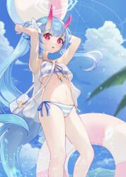 Rule 34 | 1girl, absurdres, armpits, arms up, ball, beachball, bikini, blue archive, blue bikini, blue hair, blue halo, blue sky, blush, breasts, chise (blue archive), chise (swimsuit) (blue archive), cowboy shot, flower, gradient horns, hair flower, hair ornament, halo, highres, holding, horns, innertube, long hair, looking at viewer, multicolored horns, navel, official alternate costume, open mouth, red eyes, red horns, sailor bikini, sailor collar, see-through camisole, senada37, side-tie bikini bottom, side ponytail, skin-covered horns, sky, small breasts, solo, standing, striped bikini, striped clothes, swim ring, swimsuit, two-tone bikini, very long hair, white sailor collar