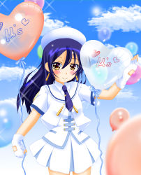 Rule 34 | 1girl, aqua bow, aqua sash, artist name, artist request, balloon, beret, blue hair, blue necktie, blue sky, blush, bow, bowtie, breasts, brown eyes, cloud, collared shirt, cropped jacket, day, dress, dress shirt, earrings, feather beret, feathers, female focus, fingerless gloves, gloves, hair between eyes, hat, hat feather, heart balloon, highres, holding, holding balloon, jacket, jewelry, layered skirt, long hair, looking at viewer, love live!, love live! school idol festival, love live! school idol project, miniskirt, necktie, outdoors, parted lips, plaid, plaid skirt, pleated, pleated skirt, sailor collar, sash, shirt, short sleeves, skirt, sky, small breasts, smile, solo, sonoda umi, sun, sunlight, white feathers, white gloves, white hat, white jacket, white sailor collar, white shirt, white skirt, wonderful rush, yellow eyes