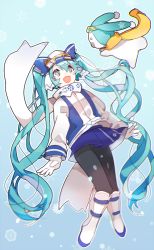Rule 34 | 1girl, bad id, bad pixiv id, black pantyhose, blue eyes, blue hair, blue skirt, boots, fang, gloves, goggles, goggles on headwear, hatsune miku, long hair, long sleeves, matching hair/eyes, open mouth, pantyhose, piyo (ppotatto), rabbit, scarf, skirt, smile, solo, twintails, very long hair, vocaloid, white gloves, yuki miku, yukine (vocaloid)