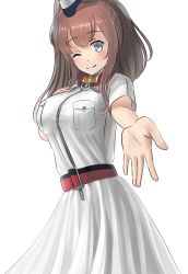 Rule 34 | 10s, 1girl, ao iro, ascot, belt, blush, breast pocket, breasts, brown hair, cowboy shot, dress, foreshortening, grey eyes, hair between eyes, highres, kantai collection, long hair, looking at viewer, one eye closed, outstretched arm, pocket, ponytail, reaching, reaching towards viewer, red ascot, saratoga (kancolle), side ponytail, sidelocks, smile, solo, standing, white dress