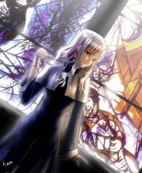 Rule 34 | 1girl, bad id, bad pixiv id, bandages, caren hortensia, fate/hollow ataraxia, fate (series), habit, kmj7977, long hair, signature, solo, stained glass, white hair, yellow eyes