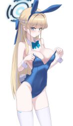 Rule 34 | 1girl, absurdres, adjusting clothes, adjusting leotard, animal ears, bare shoulders, blonde hair, blue archive, blue eyes, blue leotard, bow, bowtie, braid, breasts, detached collar, ear piercing, fake animal ears, french braid, halo, highleg, highleg leotard, highres, leotard, long hair, medium breasts, mint cat (a huu), official alternate costume, official alternate hairstyle, piercing, playboy bunny, pout, rabbit ears, rabbit tail, raised eyebrows, simple background, skindentation, solo, straight hair, tail, thighhighs, toki (blue archive), toki (bunny) (blue archive), very long hair, white background, white thighhighs