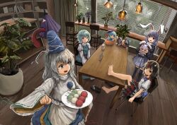 4girls animal_ears barefoot black_hair black_thighhighs blue_eyes blue_hair blue_vest chair character_doll commentary cone_horns dango doll dress feet_on_table food fumo_(doll) grey_hair grey_horns grey_skirt hat heterochromia highres holding holding_doll holding_plate horns indoors japanese_clothes juliet_sleeves karakasa_obake kariginu kijin_seija long_hair long_sleeves mononobe_no_futo multicolored_hair multiple_girls on_chair open_mouth plant plate pleated_skirt pom_pom_(clothes) potted_plant puffy_short_sleeves puffy_sleeves purple_hair purple_umbrella rabbit_ears red_eyes red_hair reisen_udongein_inaba ribbon-trimmed_sleeves ribbon_trim sandals sanshoku_dango shelf short_sleeves sitting skirt small_horns smile streaked_hair table tatara_kogasa tate_eboshi thighhighs toes touhou umbrella unworn_sandals vest wagashi wide_sleeves zhuxie1264852