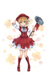 Rule 34 | 1girl, blonde hair, blue eyes, boots, bow, cross-laced footwear, dress, flower, frilled dress, frills, full body, hammer, hand on headwear, hat, highres, jan stanton, looking at viewer, official art, princess principal, princess principal game of mission, red footwear, red hat, short hair, sledgehammer, standing, transparent background, white bow, wristband