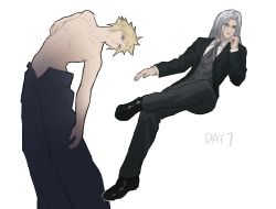 Rule 34 | 2boys, absurdres, alternate costume, baggy pants, black footwear, black jacket, blonde hair, blue eyes, chicken movement, cloud strife, collared shirt, dress shoes, feet out of frame, final fantasy, final fantasy vii, final fantasy vii remake, formal, full body, green eyes, grey hair, grey necktie, grey pants, hair between eyes, half-closed eyes, hand to own mouth, highres, jacket, leaning back, long hair, long sleeves, looking at viewer, looking to the side, male focus, multiple boys, necktie, open fly, pants, parted bangs, pectorals, sephiroth, shirt, short hair, sitting, slit pupils, smile, spiked hair, suit jacket, topless male, waistcoat, white background, white shirt