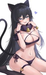 Rule 34 | 1girl, :d, absurdres, animal ears, bare shoulders, bell, bikini, black bikini, black hair, black socks, blue eyes, breasts, cat ears, cat girl, cat tail, cleavage, detached sleeves, fang, fur collar, hands up, heart, highres, jingle bell, large breasts, lerome, long hair, looking at viewer, navel, no shoes, open mouth, original, side-tie bikini bottom, simple background, smile, socks, solo, stomach, string bikini, swimsuit, tail, thigh strap, thighs, very long hair, white background