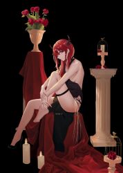 Rule 34 | 1girl, arknights, barefoot, cocktail dress, dress, high heels, highres, horns, red hair, surtr (arknights), thighs
