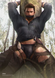 Rule 34 | 1boy, absurdres, appas, arm behind back, arms behind back, artist name, bara, belt, black male underwear, black shirt, bound, bound arms, bound wrists, briefs, brown hair, brown pants, bulge, day, gagged, green eyes, highres, large pectorals, looking at viewer, male focus, male underwear, midriff peek, muscular, muscular male, nathan drake, outdoors, pants, patreon username, pectorals, precum, precum through clothes, shirt, short hair, solo, thick thighs, thighs, torn belt, torn clothes, torn pants, tree, uncharted, uncharted: the lost legacy, uncharted 2, uncharted 3, uncharted 4, underwear
