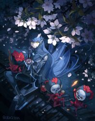Rule 34 | 1boy, alcohol, androgynous, black bodysuit, blue bodysuit, blue hair, bodysuit, cherry blossoms, choko (cup), cup, dark blue hair, falling petals, highres, holding, holding cup, long hair, long sleeves, looking at viewer, male focus, petals, petals on liquid, protagonist (smtv), sake, shin megami tensei, shin megami tensei v, sitting, trap, very long hair, yellow eyes, za210n
