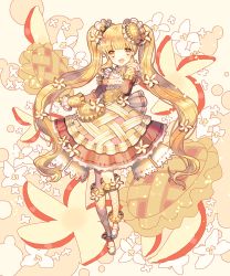 Rule 34 | 1girl, apple, apple pie, apple slice, apron, blonde hair, flower, food, food-themed clothes, food-themed hair ornament, frills, full body, hair ornament, kneehighs, long hair, looking at viewer, natsu (759aqsw), original, personification, pie, pocketland, shoes, smile, socks, solo, standing, twintails, yellow eyes