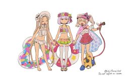 Rule 34 | 3girls, :&lt;, :d, ^ ^, abigail williams (fate), abigail williams (swimsuit foreigner) (fate), abigail williams (swimsuit foreigner) (third ascension) (fate), asaya minoru, bare arms, bare legs, bare shoulders, barefoot, bikini, black footwear, blue footwear, blunt bangs, blush, bonnet, brown hair, casual one-piece swimsuit, closed eyes, closed mouth, english text, fate/grand order, fate (series), forehead, holding hands, hose, hose nozzle, illyasviel von einzbern, illyasviel von einzbern (swimsuit archer), illyasviel von einzbern (swimsuit archer) (second ascension), innertube, kama (fate), kama (swimsuit avenger) (fate), kama (swimsuit avenger) (first ascension) (fate), long hair, multiple girls, navel, one-piece swimsuit, open mouth, parted bangs, purple eyes, purple hair, red one-piece swimsuit, short hair, simple background, smile, standing, standing on one leg, star (symbol), swim ring, swimsuit, thighhighs, twintails, twitter username, very long hair, white background, white bikini, white headwear, white legwear