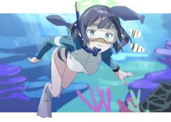 Rule 34 | 1girl, bad id, bad twitter id, bikini, black hair, blue archive, blue eyes, breasts, bubble, closed mouth, coral, diving mask, flippers, goggles, green halo, halo, jacket, large breasts, letterboxed, long sleeves, looking at viewer, muchi maro, official alternate costume, outside border, raglan sleeves, saki (blue archive), saki (swimsuit) (blue archive), short hair, snorkel, solo, swimsuit, underwater, water
