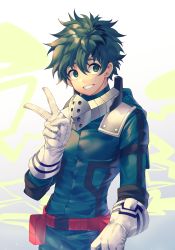 Rule 34 | 10s, 1boy, absurdres, belt, bodysuit, boku no hero academia, cowboy shot, elbow gloves, formal, freckles, gloves, green eyes, green hair, grin, hair between eyes, highres, kinty, long sleeves, looking at viewer, male focus, midoriya izuku, round teeth, shiny clothes, simple background, smile, solo, standing, suit, teeth, thick eyebrows, v, white gloves, yellow background