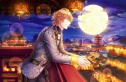 Rule 34 | 1boy, architecture, arm rest, balcony, black pants, blonde hair, building, checkered clothes, chinese clothes, cloud, cowboy shot, crescent print, earrings, east asian architecture, flower knot, from side, full moon, game cg, glasses, green eyes, grey jacket, hair between eyes, highres, interlocked fingers, jacket, jewelry, lantern, lens flare, light particles, looking afar, looking ahead, moon, night, night sky, official art, pagoda, pants, patterned clothing, shinomiya natsuki (uta no prince-sama), shirt, short hair, sky, smile, standing, tangzhuang, tassel, tassel earrings, third-party source, uta no prince-sama, uta no prince-sama: shining live, white shirt