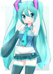 Rule 34 | 1girl, aqua eyes, aqua hair, detached sleeves, hatsune miku, headset, inaka keikou, long hair, midriff, navel, necktie, open mouth, revision, skirt, sleeves past wrists, solo, thighhighs, twintails, very long hair, vocaloid