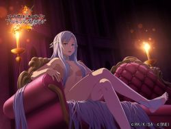 Rule 34 | 1girl, artist request, bare legs, candle, cathedral, choker, couch, feet, hair censor, hair over breasts, hair over crotch, crossed legs, light purple hair, long hair, looking at viewer, night, nude, official art, open mouth, purple eyes, quinella, sword art online, sword art online: alicization, very long hair, white choker