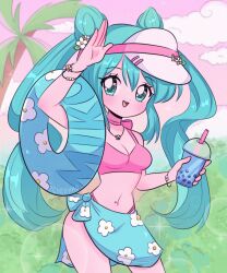 Rule 34 | 1990s (style), :d, absurdres, alternate costume, aqua eyes, aqua hair, arm up, bare arms, bare shoulders, beach, bikini, blue innertube, blue skirt, blush, bow, bow choker, breasts, bush, chellyko, cleavage, cloud, cloudy sky, cowboy shot, cup, dot nose, double-parted bangs, double bun, eyelashes, floral print, flower, flower bracelet, flower necklace, hair between eyes, hair bun, hand up, hat, hatsune miku, highres, holding, holding cup, jewelry, leaning to the side, long bangs, long hair, midriff, miniskirt, navel, necklace, open mouth, palm tree, pink bikini, pink bow, pink sky, retro artstyle, salute, sidelocks, skirt, sky, smile, swimsuit, teeth, thighs, tongue, tree, twintails, upper teeth only, very long hair, visor cap, vocaloid, white hat