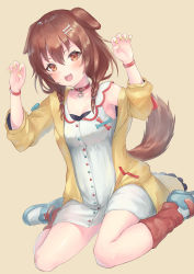 Rule 34 | 1girl, animal ears, arms up, blush, bone, bone hair ornament, breasts, brown eyes, brown hair, brown tail, choker, dog ears, dog girl, dog tail, dress, fangs, gao, hair ornament, highres, hololive, inugami korone, inugami korone (1st costume), looking at viewer, medium hair, open mouth, parufeito, simple background, sitting, small breasts, solo, tail, teeth, upper teeth only, virtual youtuber, wariza, wristband
