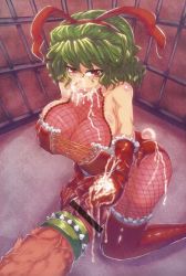 Rule 34 | animal ears, artist request, bare shoulders, breasts, bursting breasts, censored, cum, facial, fishnets, gloves, green hair, kazami yuuka, leotard, naughty face, penis, playboy bunny, rabbit ears, red eyes, thighhighs, touhou, veins