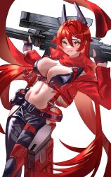 Rule 34 | 1girl, anti-materiel rifle, black gloves, breasts, bullpup, chaps, cleavage, contrapposto, crop top, cropped jacket, fingerless gloves, gloves, goddess of victory: nikke, grin, gun, hair between eyes, headgear, highres, holding, holding weapon, horns, jacket, large breasts, leather, leather jacket, long hair, looking at viewer, magazine (weapon), mechanical horns, midriff, navel, orange eyes, red hair, red hood (nikke), red jacket, red scarf, rifle, scarf, simple background, smile, sniper rifle, solo, type09 sachi, unzipped, very long hair, weapon, white background, zipper