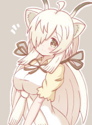 Rule 34 | 1girl, ahoge, animal ear fluff, black ribbon, blush, breasts, brown eyes, closed mouth, collared dress, commentary request, dress, fringe trim, grey background, hair over one eye, hair ribbon, highres, kemono friends, long hair, medium breasts, outline, ox ears, ox girl, ox horns, ribbon, short sleeves, smile, solo, sunanuko (ramuneko), very long hair, white dress, white hair, white outline, yak (kemono friends)