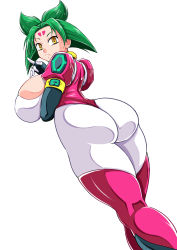 Rule 34 | 1girl, artist request, ass, bloody roar, bodysuit, boots, breast rest, breasts, dark, elbow gloves, from behind, from below, frown, gloves, green hair, highres, huge ass, huge breasts, leotard, looking at viewer, nonomura uriko, orange eyes, shiny clothes, shiny skin, short hair, sideboob, solo, thick thighs, thigh boots, thighhighs, thighs, white background