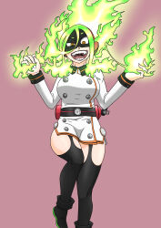 Rule 34 | 1girl, absurdres, artist request, belt, belted dress, black footwear, black mask, black thighhighs, boku no hero academia, boots, burnin (boku no hero academia), buttons, claws, clenched hands, collared dress, crazy eyes, crazy smile, domino mask, double-breasted, dress, eyebrows visible through mask, fangs, feet up, fiery hair, fingernails, fire, fire extinguisher, garter straps, gradient hair, green fire, green hair, hair between eyes, hairband, hands up, high collar, highres, incoming attack, kamiji moe, legs, long hair, long sleeves, looking at viewer, mask, multicolored hair, open mouth, pyrokinesis, red background, sharp fingernails, short dress, side slit, sidelocks, simple background, smile, standing, standing on one leg, thighhighs, thighs, thighs together, two-tone hairband, white dress, yellow eyes
