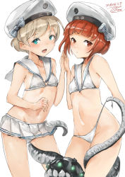 Rule 34 | 1girl, bikini, blonde hair, blue eyes, blush, bow, breasts, brown hair, closed mouth, dated, enemy naval mine (kancolle), hat, hat bow, highres, holding hands, kantai collection, looking at viewer, open mouth, red eyes, sailor hat, short hair, short hair with long locks, simple background, small breasts, swimsuit, toka (marchlizard), white background, white bikini, z1 leberecht maass (kancolle), z3 max schultz (kancolle)