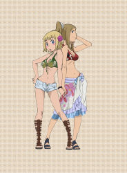 Rule 34 | 00s, 2girls, absurdres, bikini, bikini top only, blonde hair, blue eyes, blush stickers, breasts, cleavage, contrapposto, elizabeth thompson, floral print, flower, flower on head, front-tie top, gladiator sandals, highres, midriff, multiple girls, navel, open mouth, patricia thompson, ponytail, rose, sandals, sarong, short shorts, shorts, siblings, soul eater, standing, swimsuit, tareme, tsurime, unbuttoned
