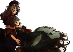 Rule 34 | 2girls, black eyes, black hair, colorized, dress, female focus, frilled dress, frills, green dress, hat, highres, kamishirasawa keine, looking at another, looking down, looking up, lying, multiple girls, murasin, off shoulder, puffy sleeves, red dress, short sleeves, simple background, sitting, touhou, white background, wide sleeves, yagokoro eirin