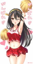 Rule 34 | 10s, 1girl, ;d, arm up, armpits, artist name, bad id, bad twitter id, black hair, blush, breasts, brown eyes, cheerleader, clothes writing, crop top, female focus, ganbare ganbare (itou life), hairband, haruna (kancolle), kantai collection, large breasts, long hair, looking at viewer, midriff, miniskirt, modern drawing style, navel, one eye closed, open mouth, pleated skirt, pom pom (cheerleading), rin yuu, skirt, smile, solo, sweat, translated, twitter username, very long hair, wink