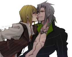 Rule 34 | 2boys, blonde hair, blue eyes, blush, dash10, eizen (tales), licking, male focus, multiple boys, muscular, naughty face, smile, sweat, tales of (series), tales of berseria, tongue, tongue out, undressing, yaoi, zaveid (tales)