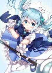 Rule 34 | 1girl, ahoge, bad id, bad pixiv id, blue dress, blue eyes, blue footwear, blue hair, blurry, blurry foreground, blush, character hat, closed mouth, commentary request, depth of field, dress, floating hair, frilled gloves, frills, gloves, gochuumon wa usagi desu ka?, hair between eyes, hair ornament, hat, highres, holding, kafuu chino, long hair, magical girl, mary janes, pantyhose, puffy short sleeves, puffy sleeves, shirt, shoes, short sleeves, sleeveless, sleeveless dress, smile, solo, standing, standing on one leg, tippy (gochiusa), tsukiman, twintails, white gloves, white hat, white pantyhose, white shirt, x hair ornament