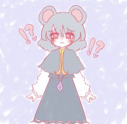 Rule 34 | !, !?, 1girl, ?, animal ears, bad deviantart id, bad id, cookie (touhou), crying, crying with eyes open, diamond (gemstone), dress, grey dress, grey hair, heart, highres, jewelry, layered clothes, layered dress, long sleeves, melansoda, mouse ears, necklace, nyon (cookie), purple background, red eyes, tears, touhou