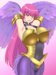 Rule 34 | 1girl, armor, arms behind head, bare shoulders, bird tail, breasts, choker, cleavage, commentary request, covered navel, duel monster, feathered wings, feathers, harpie lady, harpy, highres, lactone, large breasts, long hair, monster girl, open mouth, pointy ears, purple tail, purple wings, solo, spiked armor, spiked choker, spikes, tail, very long hair, winged arms, wings, yu-gi-oh!