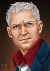 Rule 34 | 1boy, blue eyes, brown background, casual, collared shirt, eyebrows, facial hair, gradient background, highres, light smile, looking at viewer, male focus, nose, overwatch, overwatch 1, portrait, realistic, scar, shirt, short hair, soldier: 76 (overwatch), stubble, trixia, white hair
