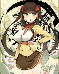 Rule 34 | 1girl, :o, black hair, blush, board game, breasts, cleavage, green eyes, hair ribbon, highres, large breasts, long hair, mahjong, mahjong tile, open mouth, original, ribbon, school uniform, skirt, solo, ssberit, twintails