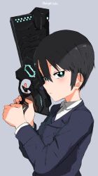 Rule 34 | 1girl, androgynous, black hair, blue jacket, blush, collared shirt, commentary, crossover, dominator (gun), expressionless, from side, green eyes, grey background, gun, hair between eyes, highres, holding, holding gun, holding weapon, jacket, kino (kino no tabi), kino no tabi, light blush, long sleeves, looking at viewer, looking to the side, parted lips, psycho-pass, reverse trap, shirt, shirt under jacket, short hair, simple background, solo, tomboy, trigger discipline, turbo engine (rakugaki tabo), twitter username, upper body, weapon, white shirt