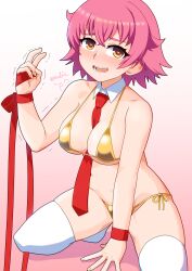 Rule 34 | 1girl, aino heart, arcana heart, arm support, artist name, bikini, blush, breasts, brown eyes, cleavage, feet, gold bikini, hida naria, highres, large breasts, legs, nalia, navel, necktie, nervous smile, open mouth, pink hair, ribbon, short hair, smile, solo, squatting, swimsuit, thighhighs, thighs, v