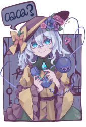 Rule 34 | 1girl, black hat, blouse, blue eyes, blue nails, bow, buttons, closed mouth, corded phone, diamond button, eyeball, frilled shirt collar, frilled skirt, frilled sleeves, frills, green skirt, grey hair, hat, hat bow, hat ribbon, head tilt, heart, heart of string, highres, holding, holding phone, komeiji koishi, long sleeves, looking at viewer, medium hair, namako232, phone, ribbon, shirt, skirt, smile, solo, tears, third eye, touhou, upper body, wavy hair, wide sleeves, yellow bow, yellow ribbon, yellow shirt