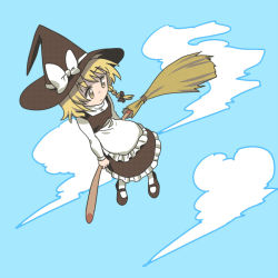 Rule 34 | 1girl, 8bit, bad id, bad pixiv id, blonde hair, braid, broom, broom riding, female focus, flying, hachi (8bit canvas), hat, kirisame marisa, sidesaddle, sky, solo, touhou, witch, witch hat, yellow eyes