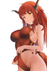 Rule 34 | 1girl, bare arms, bare shoulders, breasts, closed mouth, cowboy shot, dragon horns, dragon tail, gold trim, grayfox, heterochromia, highleg, highleg leotard, highres, horns, large breasts, leotard, long hair, looking down, navel, original, pulled by self, red eyes, red hair, red leotard, scales, sidelocks, simple background, solo, sweat, tail, white background, yellow eyes