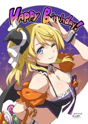Rule 34 | 10s, 1girl, 2016, ;), arm up, artist name, ayase eli, basket, bat wings, blonde hair, blue eyes, breasts, candy, cleavage, dated, detached collar, detached sleeves, eyebrows, food, from side, halloween, halloween costume, happy birthday, hat, inue shinsuke, large breasts, lollipop, long hair, looking at viewer, looking to the side, love live!, love live! school idol festival, love live! school idol project, mini hat, mini witch hat, one eye closed, ponytail, smile, solo, wings, witch hat, wrist cuffs