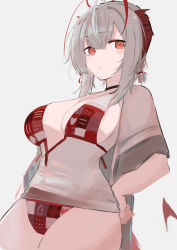 Rule 34 | 1girl, absurdres, arknights, asususususu, bikini, breasts, commentary request, cowboy shot, demon horns, demon tail, grey shirt, hand on own hip, highres, horns, large breasts, long sleeves, looking at viewer, navel, open clothes, open shirt, red bikini, red eyes, shirt, short hair, silver hair, simple background, sketch, solo, stomach, swimsuit, tail, w (arknights), white background