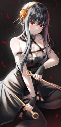 Rule 34 | 1girl, absurdres, bad id, bad twitter id, bare shoulders, black dress, black gloves, black hair, black thighhighs, breasts, cleavage, dagger, dress, fingerless gloves, gloves, gold hairband, hair ornament, hairband, highres, knife, large breasts, long hair, looking at viewer, nano (syoutamho), red eyes, sidelocks, solo, spy x family, thighhighs, thighs, weapon, yor briar