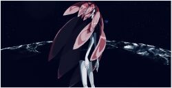 Rule 34 | 1other, akira (kuracchi0830), androgynous, belt, border, crystal hair, feet out of frame, gem uniform (houseki no kuni), hair over one eye, houseki no kuni, long hair, looking at viewer, looking back, morganite (houseki no kuni), night, night sky, ocean, one eye covered, other focus, pink eyes, pink hair, red eyes, red hair, shore, short sleeves, sky, solo, standing, star (sky), starry sky, very long hair, water, white border